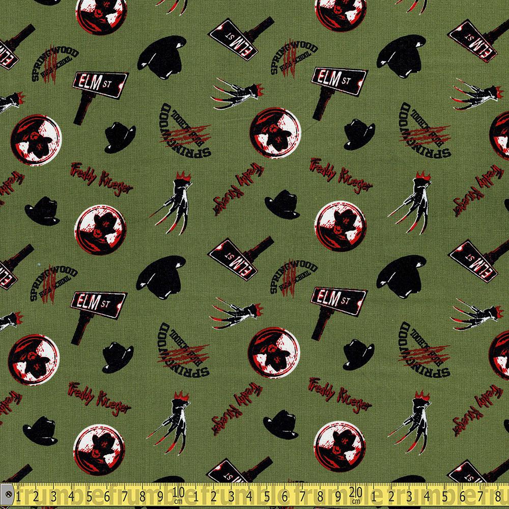 Eugene Textiles - Nightmare On Elm Street Tossed - Green Sewing and Dressmaking Fabric