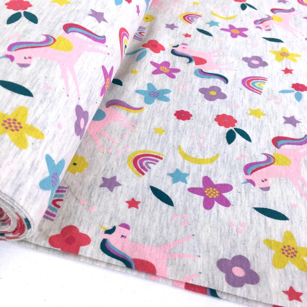 Flower Unicorn Power - Cotton Marl Jersey - Natural Sewing and Dressmaking Fabric