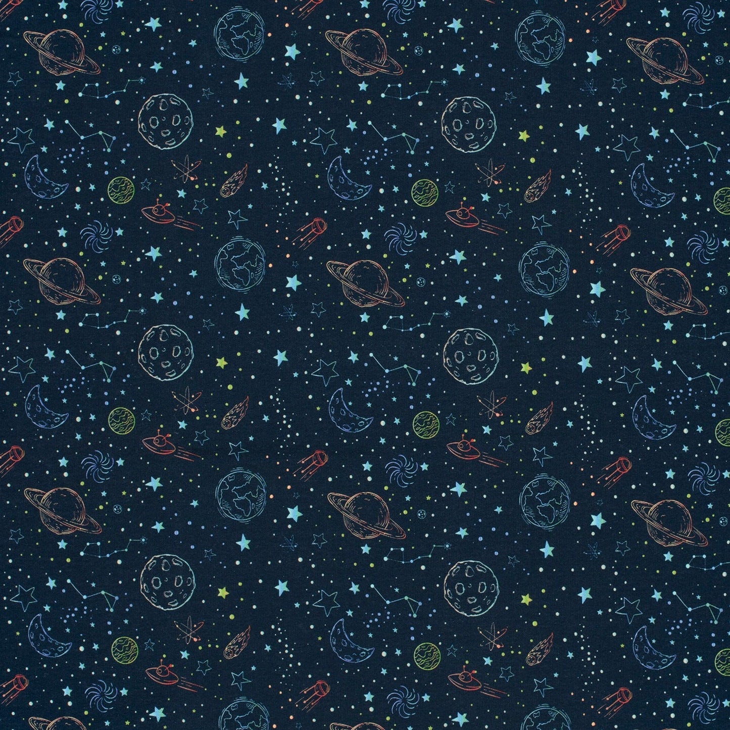 Outer Space Planets & Stars - French Terry Fabric - Navy