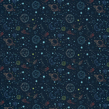 Outer Space Planets & Stars - French Terry Fabric - Navy