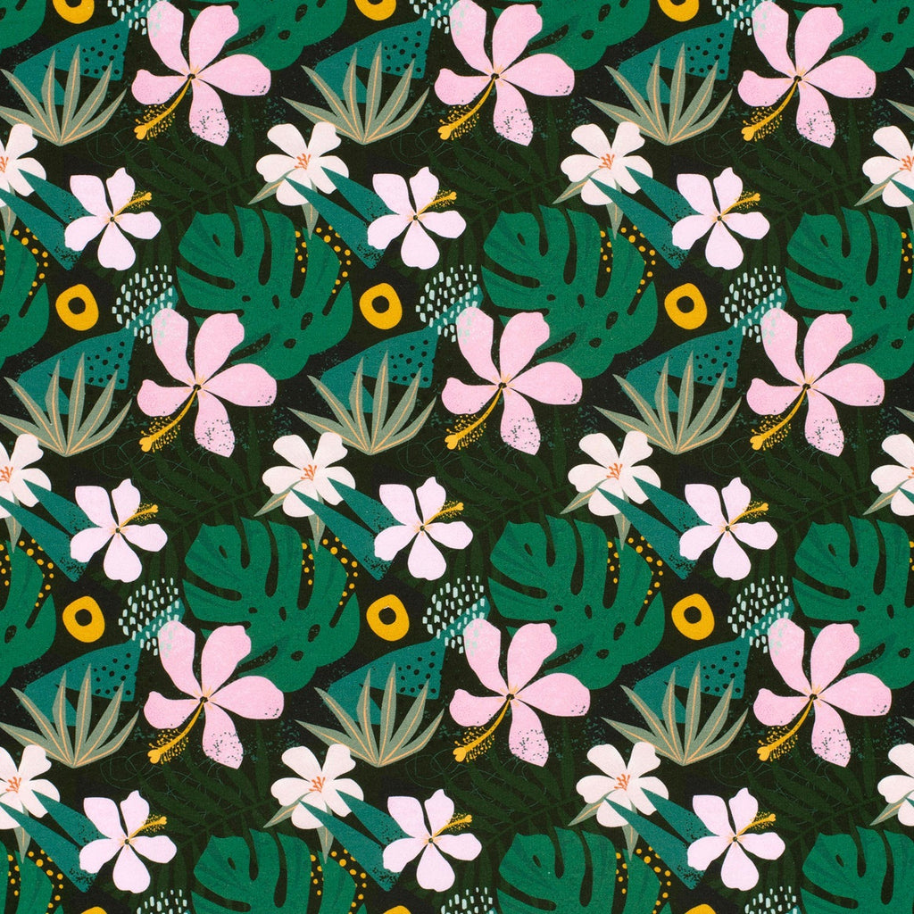 Tropical Flowers - French Terry Fabric - Dark Green