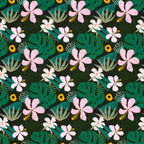 Tropical Flowers - French Terry Fabric - Dark Green