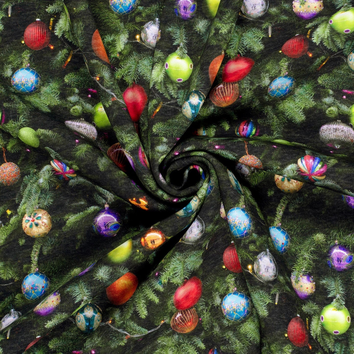 Cotton Rich Jogging Fabric - Christmas Tree Baubles - Green