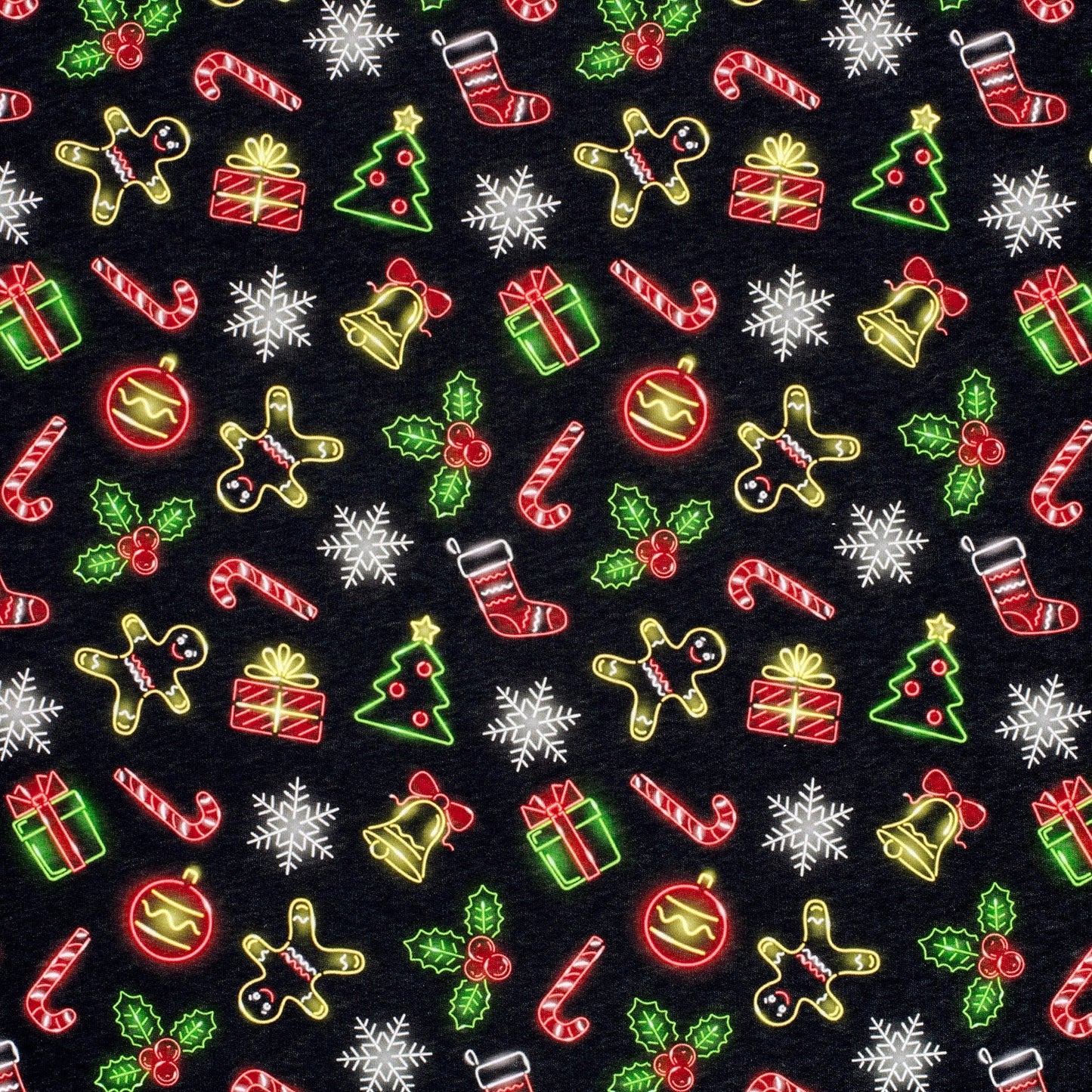 Cotton Rich Jogging Fabric - Neon Christmas - Black