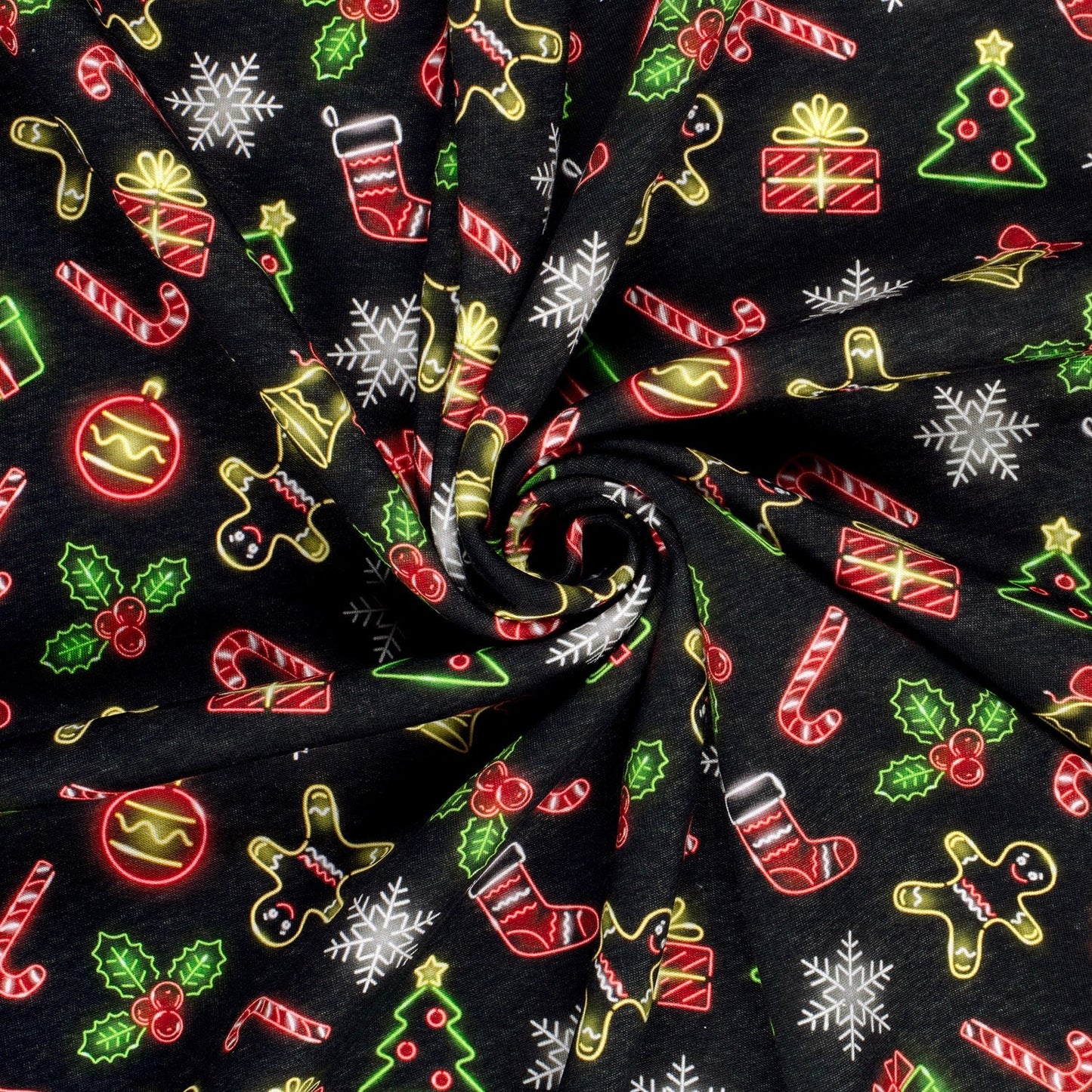 Cotton Rich Jogging Fabric - Neon Christmas - Black