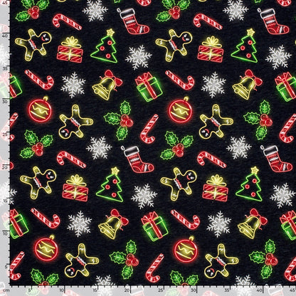 Cotton Rich Jogging Fabric - Neon Christmas - Black