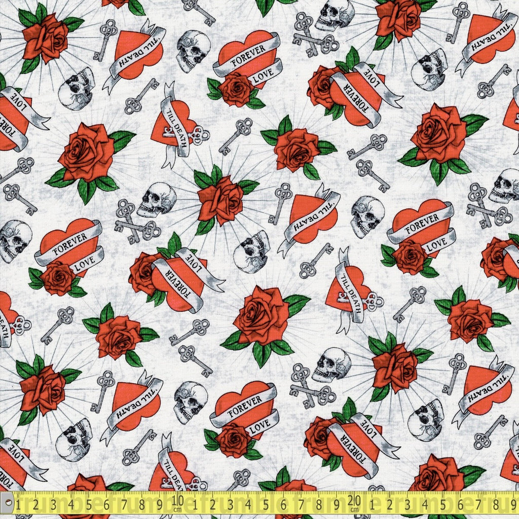 Northcott Fabrics - Till Death Us Do Part Hearts - White - Sewing and Dressmaking Fabric