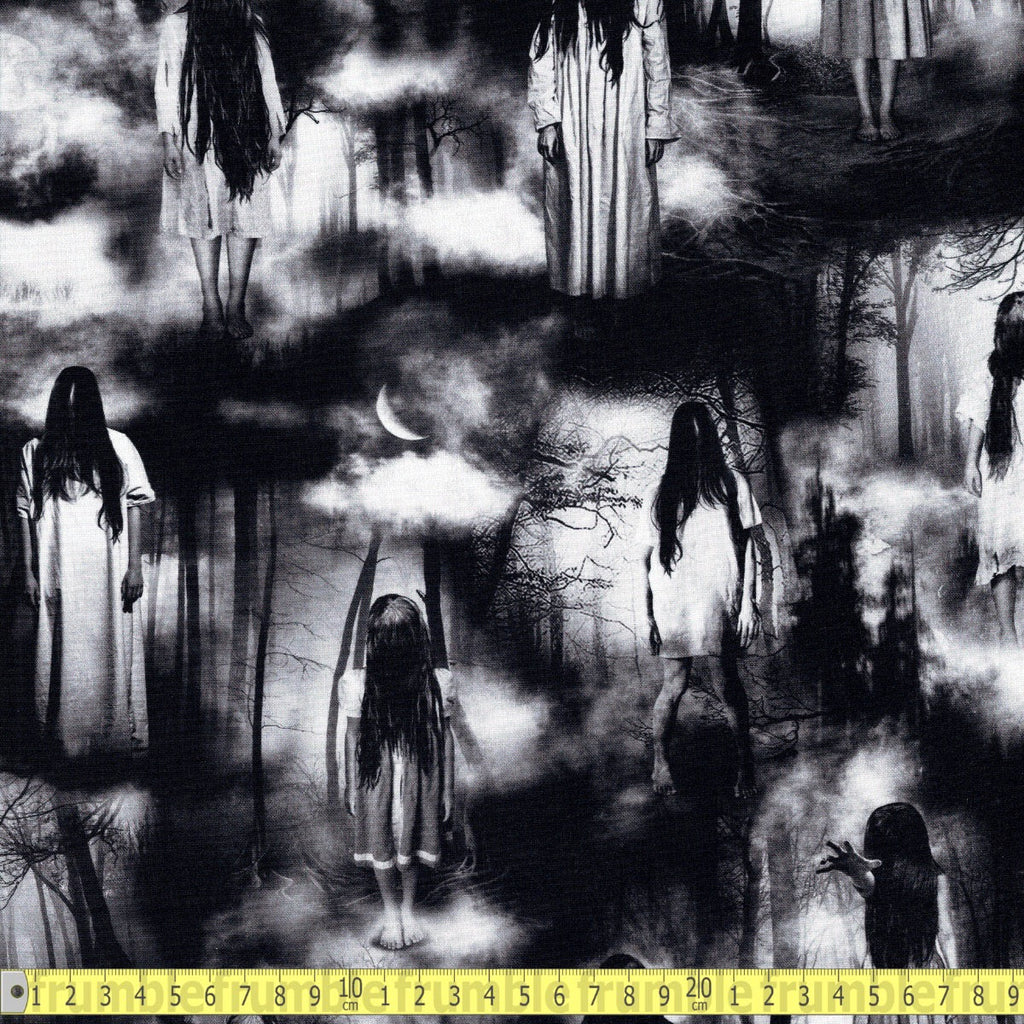 Timeless Treasures - Creepy Ghost Girls in the Woods - Grey - Sewing and Dressmaking Fabric