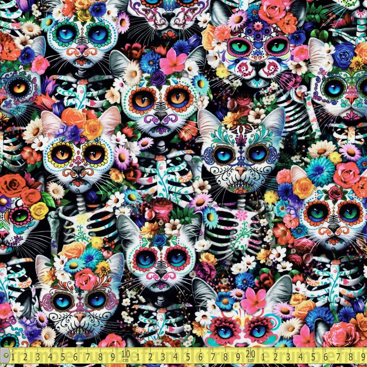 Timeless Treasures - Day Of The Dead - Packed Skeleton Floral Cats Multi - Sewing and Dressmaking Fabric