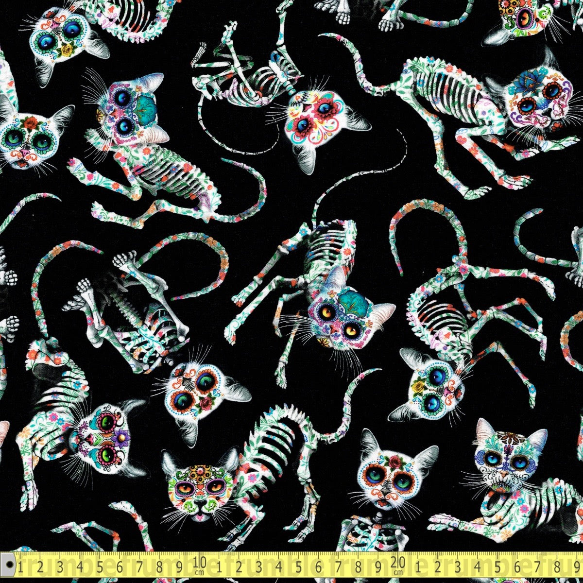 Timeless Treasures - Day Of The Dead - Tossed Skeleton Cats Black - Sewing and Dressmaking Fabric