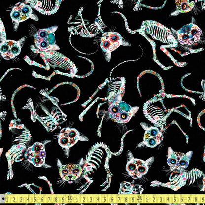 Timeless Treasures - Day Of The Dead - Tossed Skeleton Cats Black - Sewing and Dressmaking Fabric