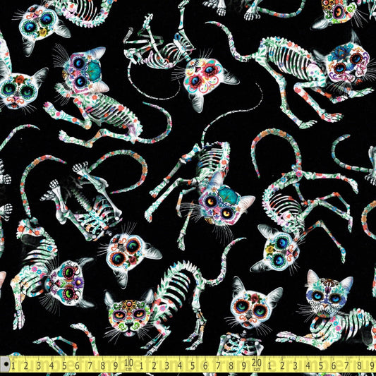 Timeless Treasures - Day Of The Dead - Tossed Skeleton Cats Black - Sewing and Dressmaking Fabric
