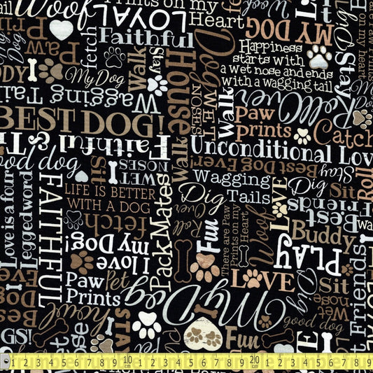 Timeless Treasures - I Love my Dog Text - Black - Sewing and Dressmaking Fabric
