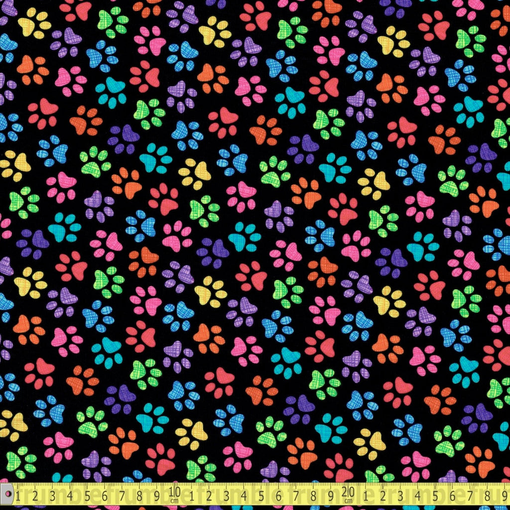 Timeless Treasures - Rainbow Paw Prints - Black - Sewing and Dressmaking Fabric