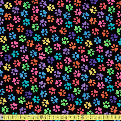 Timeless Treasures - Rainbow Paw Prints - Black - Sewing and Dressmaking Fabric