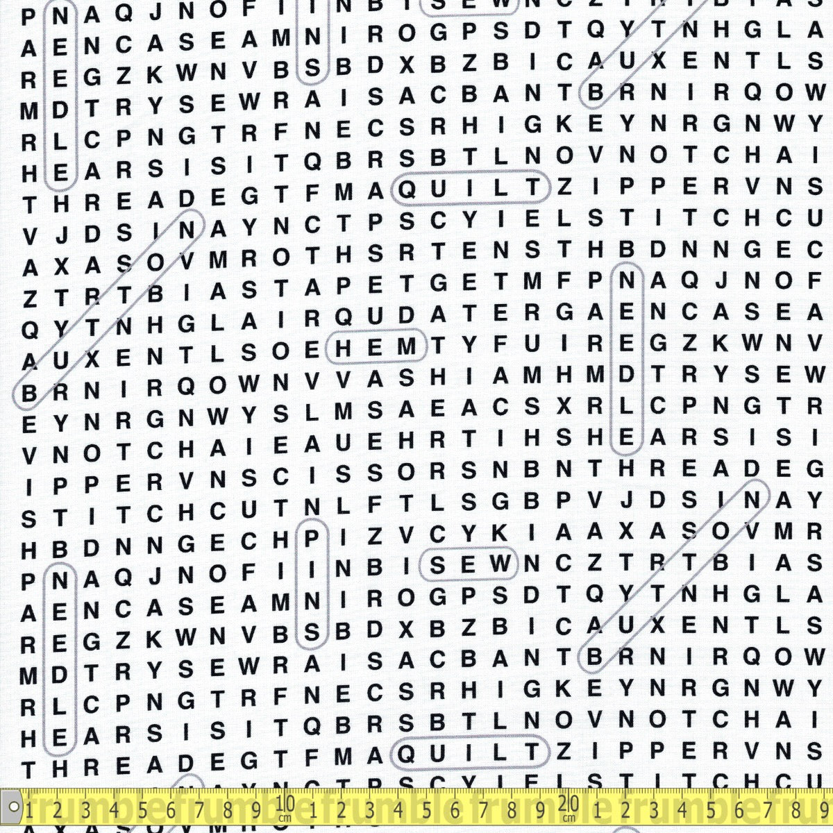 Timeless Treasures - Sew Strong Crossword Puzzle - White - Sewing and Dressmaking Fabric
