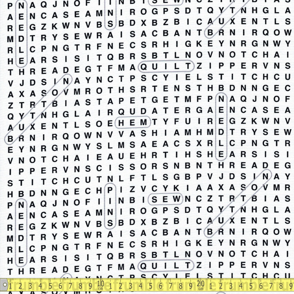 Timeless Treasures - Sew Strong Crossword Puzzle - White - Sewing and Dressmaking Fabric