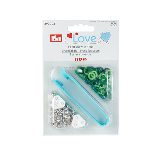 Prym Love Jersey Press Fasteners 21 pack Greens - 8mm - Frumble Fabrics