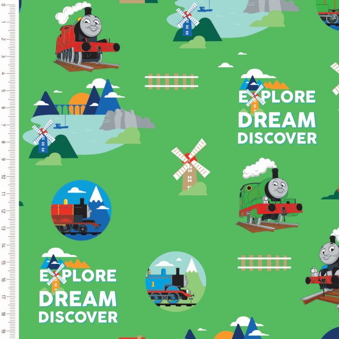 Quilting Cotton - Thomas & Friends - Dream & Explore Green (Per Metre)