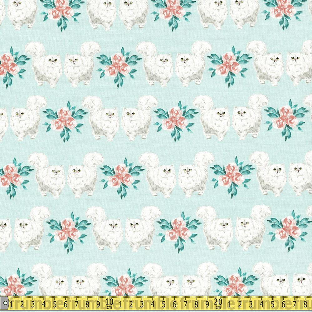3 Wishes - Everyday Is Caturday - Cute White Cats Mint Sewing and Dressmaking Fabric