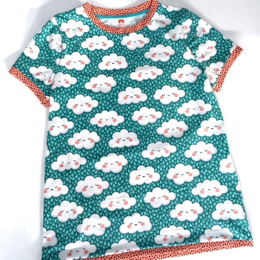 Cute Rain Clouds Printed Jersey Teal - Frumble Fabrics