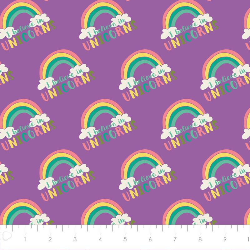 I Believe In Unicorns Rainbow & Text In Orchid - Frumble Fabrics