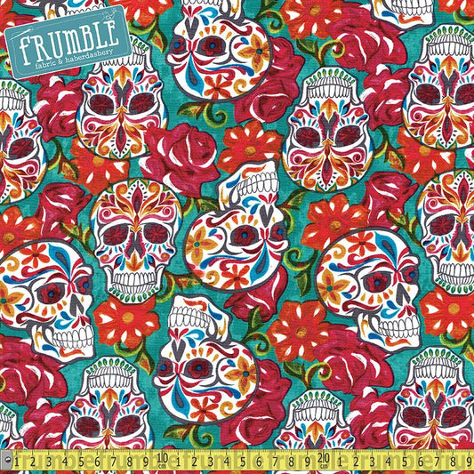 Festive Sugar Skull Turquoise - Frumble Fabrics
