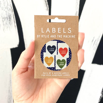 8 x Woven Labels - KATM Kylie And The Machine Labels - I LOVE LINEN (Multi Hearts)