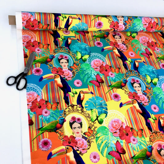 Frida Mexico Floral Bright Folklore Multi Soft Canvas Fabric - Frumble Fabrics