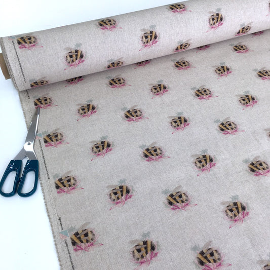 Bombini Floral Bees Linen Look Half Panama Canvas Fabric - Frumble Fabrics