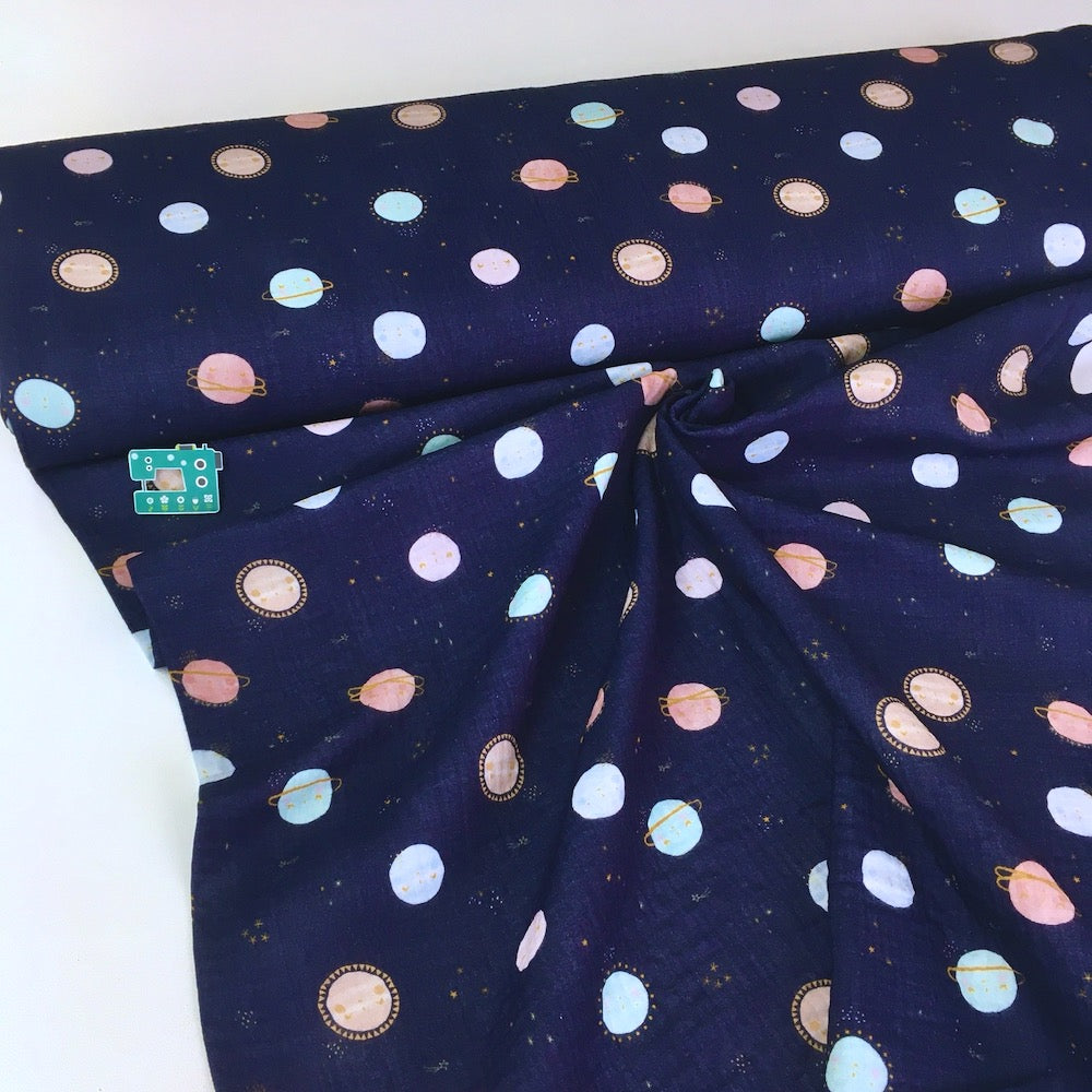 Happy Planets - GOTS Double Gauze - Navy Blue