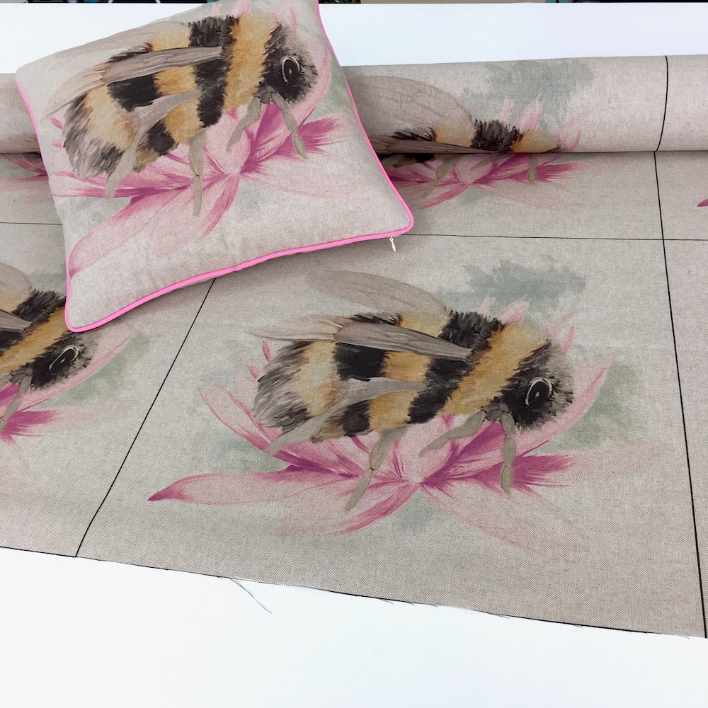 Floral Bee Cushion Panels Linen Look Half Panama Canvas Fabric - Frumble Fabrics