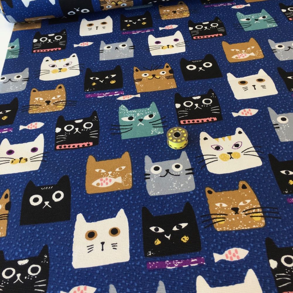 Cat Heads Canvas Cotton in Navy - Frumble Fabrics