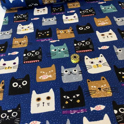 Cat Heads Canvas Cotton in Navy - Frumble Fabrics