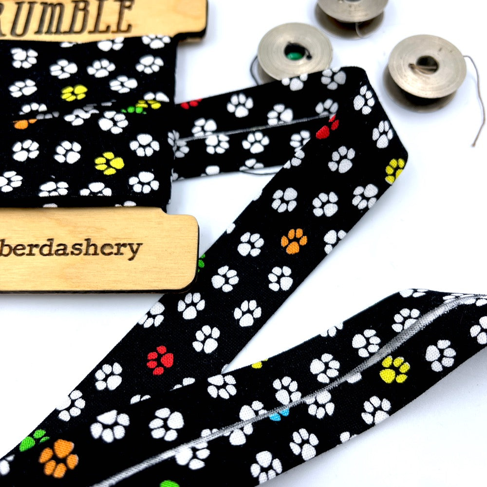 Handmade Bias Binding - Limited Edition - TT Rainbow Paws Black