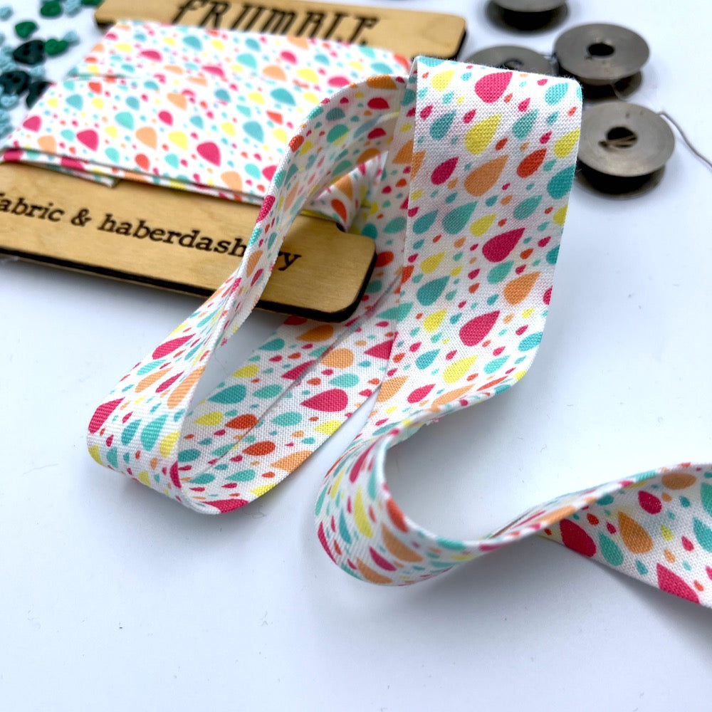 Handmade Bias Binding - Limited Edition - Rainbow Raindrops White