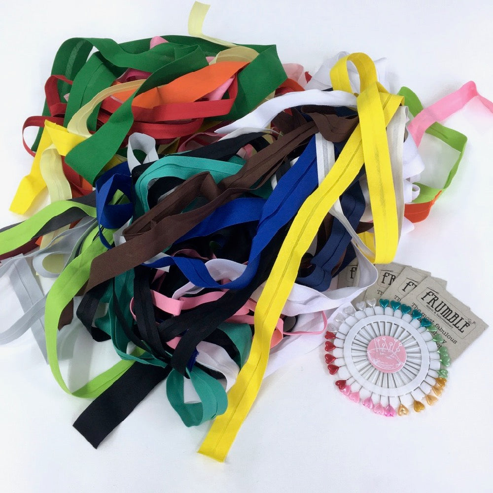 200g Bias Binding Remnant Pack various colours, widths folds and lengths +cards+pins - Frumble Fabrics