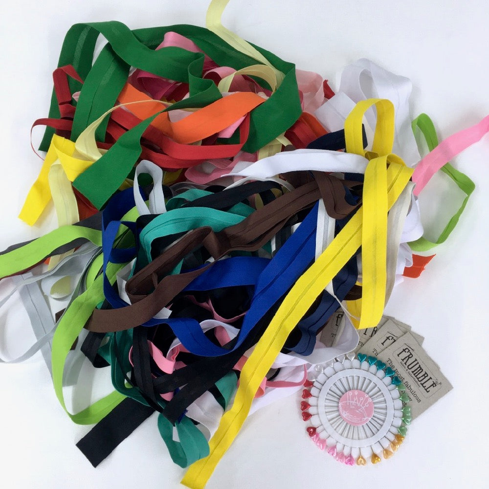 200g Bias Binding Remnant Pack various colours, widths folds and lengths +cards+pins - Frumble Fabrics