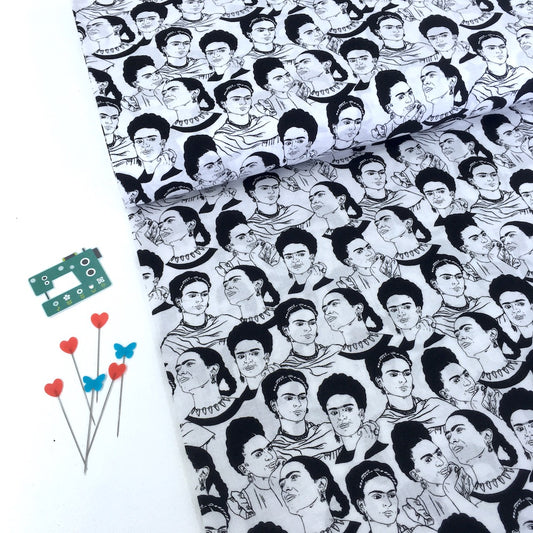 Frida Kahlo Mono Faces White - Frumble Fabrics