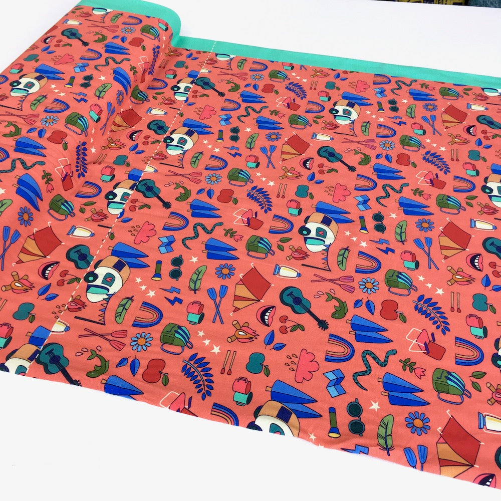 Happy Camping Panel Printed Jersey Coral - Frumble Fabrics