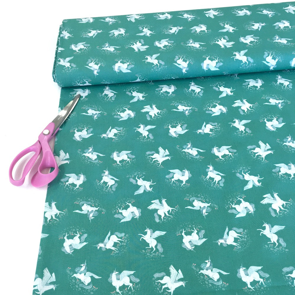 Mythical Tossed Unicorns Billiard Green - Frumble Fabrics