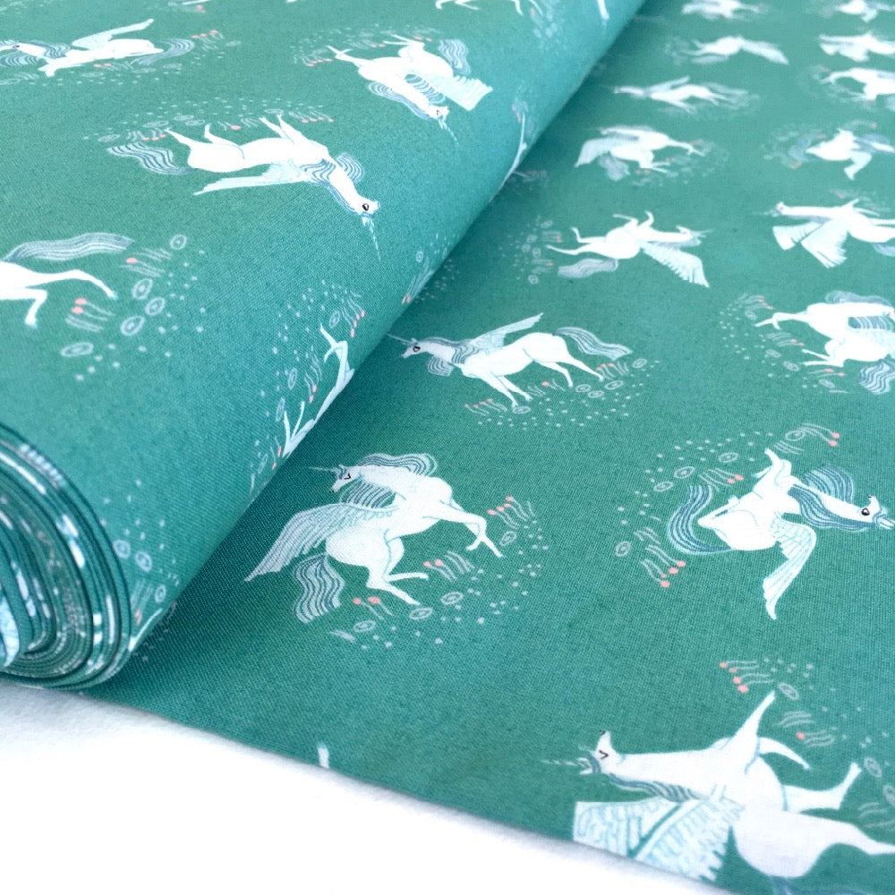 Mythical Tossed Unicorns Billiard Green - Frumble Fabrics