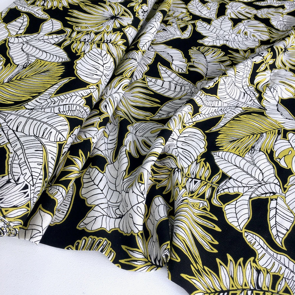 Tropical Foliage Linen Viscose in Yellow Black - Frumble Fabrics