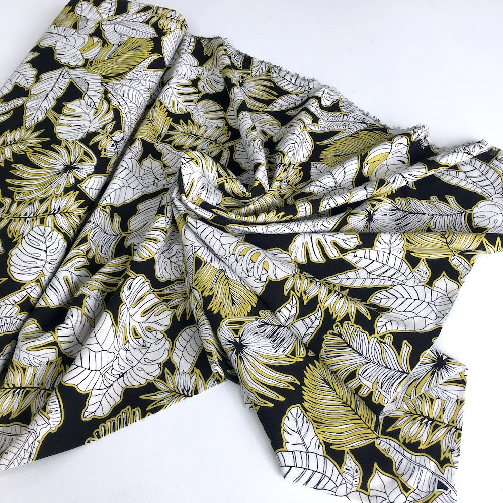 Tropical Foliage Linen Viscose in Yellow Black - Frumble Fabrics