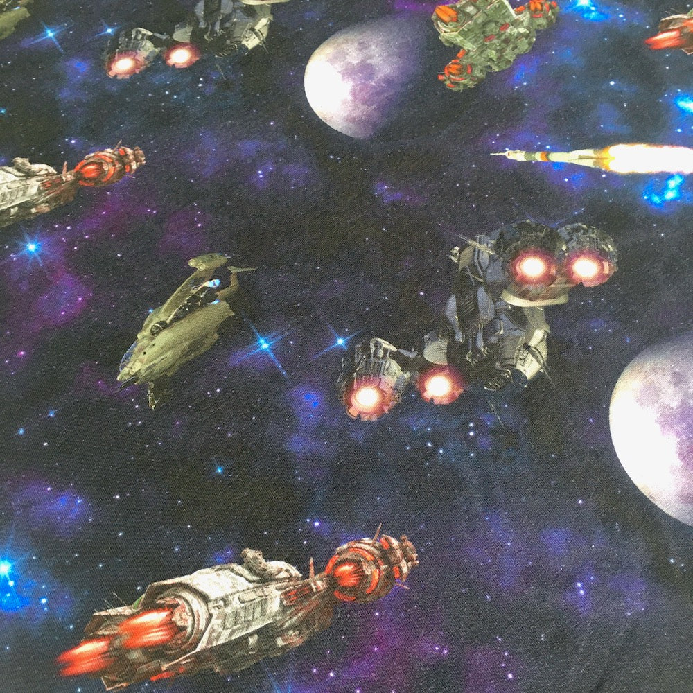 Spaceships Wars Digital Printed Jersey in Navy - Frumble Fabrics