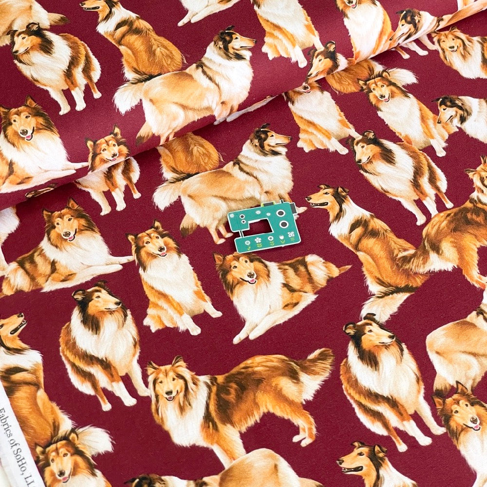 Timeless Treasures - Rough Collies - Maroon