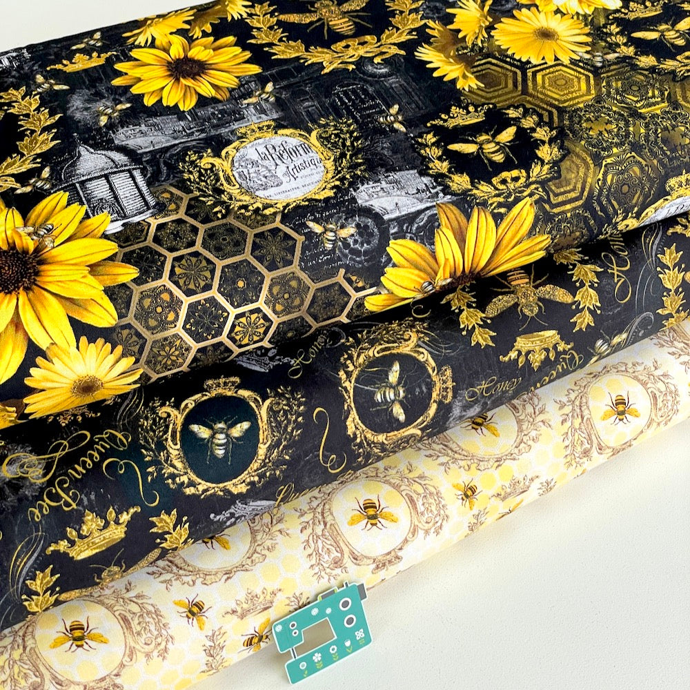 Timeless Treasures - Queen Bee - Gold Bees and Crests Honey