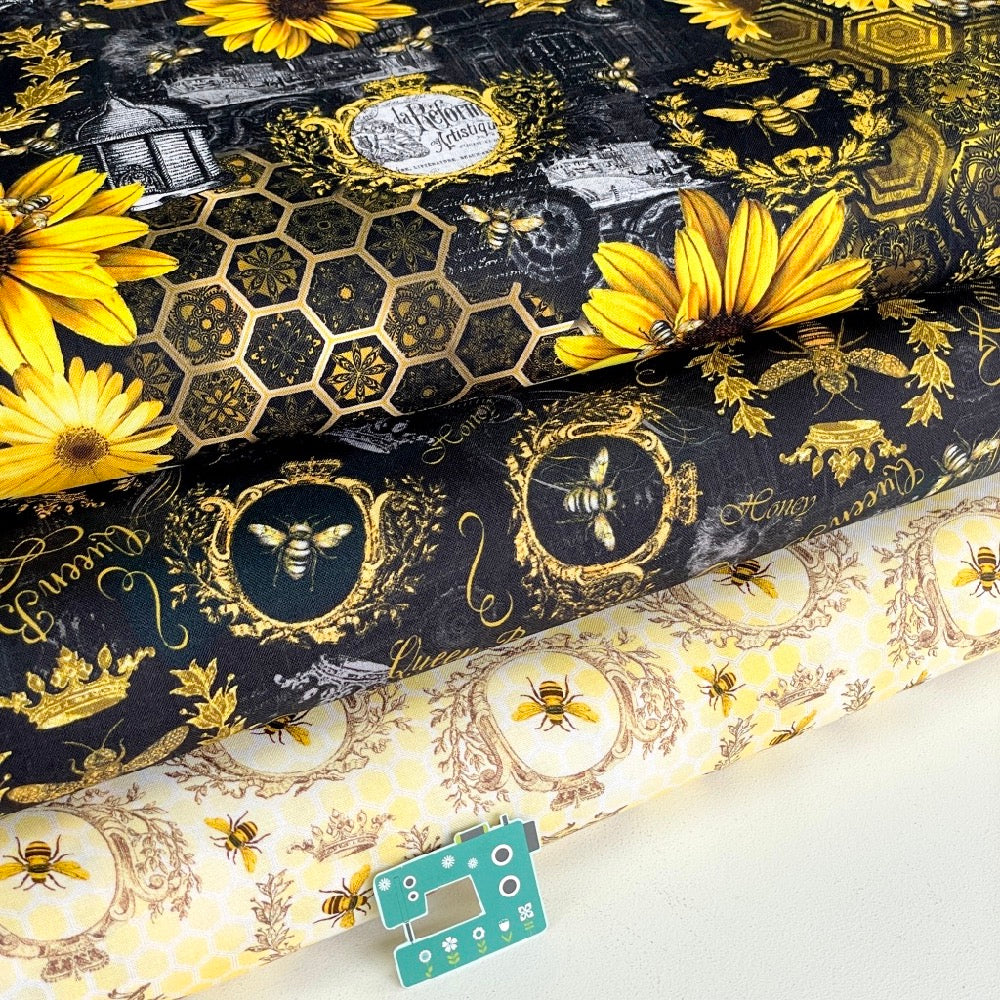 Timeless Treasures - Queen Bee - Gold Bees and Crests Honey