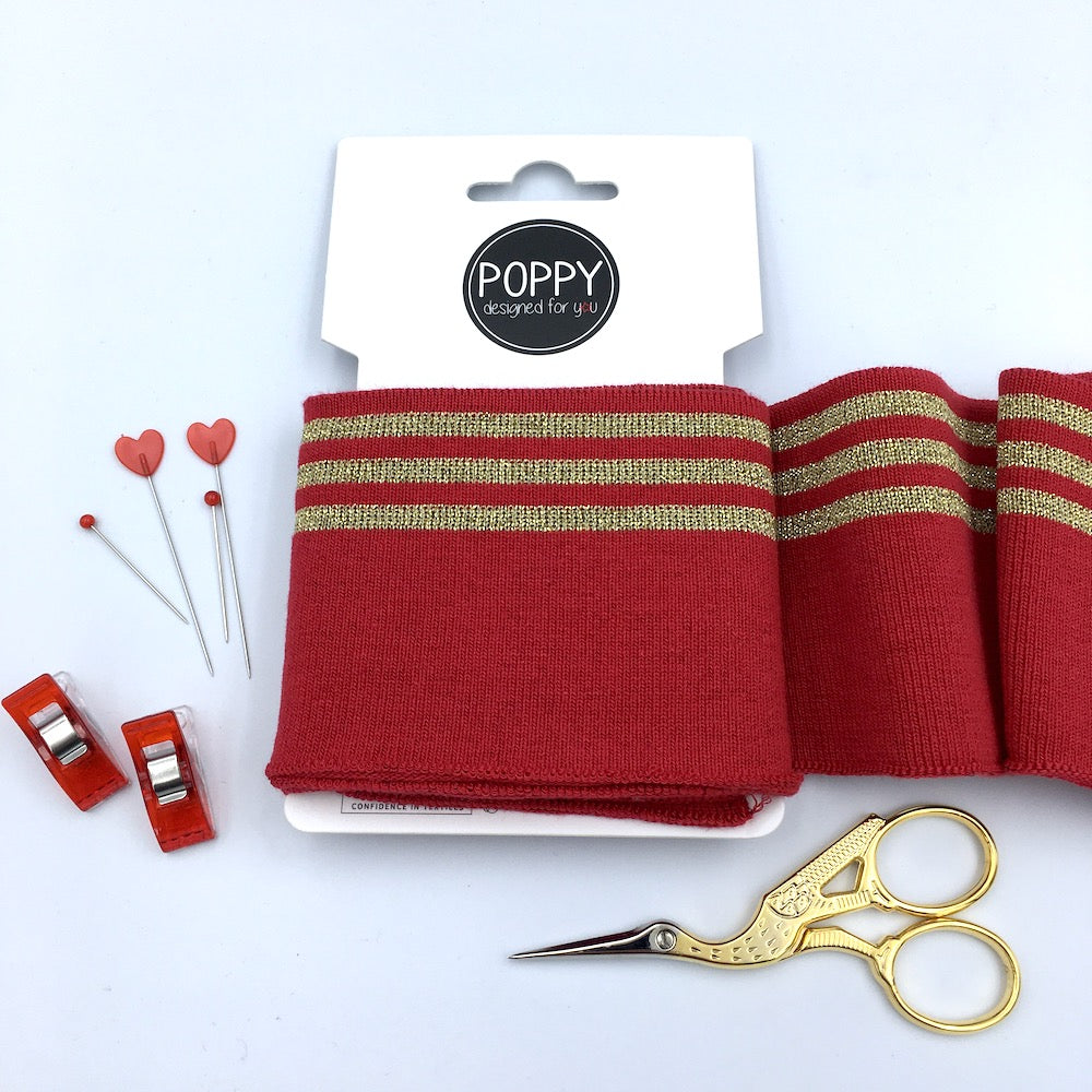 Cuffs by Poppy -  Red & 3 Gold Stripes Sparkle