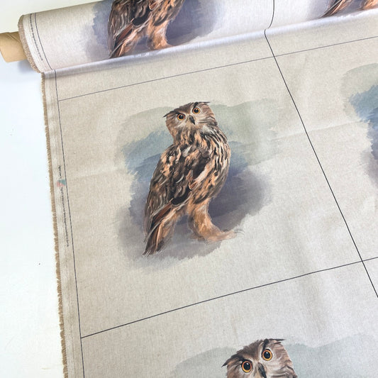 3x Hunting Owl Cushion Panels Linen Look Half Panama Canvas Fabric